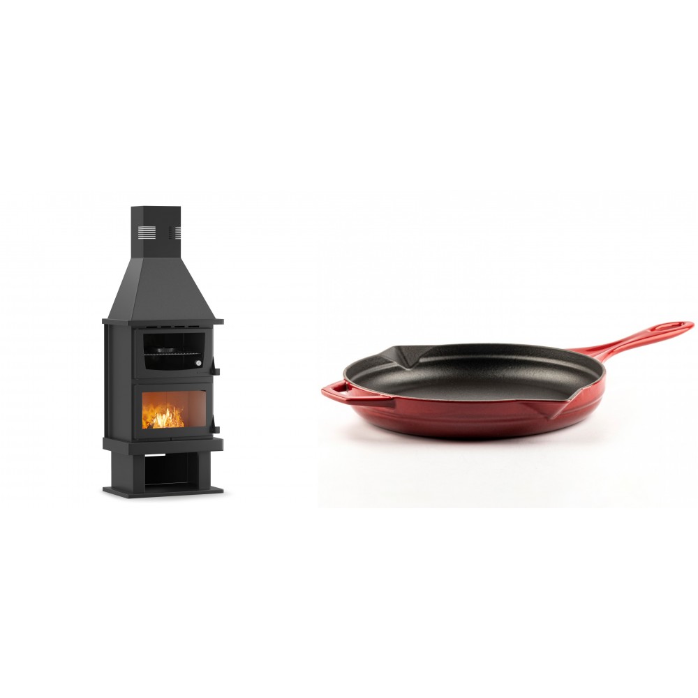 Set Kaminofen, Holzofen mit Backfach Velmora Fire FS AERO 90-50, 20.12kW + Emaillierte Gusseisenpfanne Solagio, Rubin, Ф28cm | Holzofen | Kaminofen |