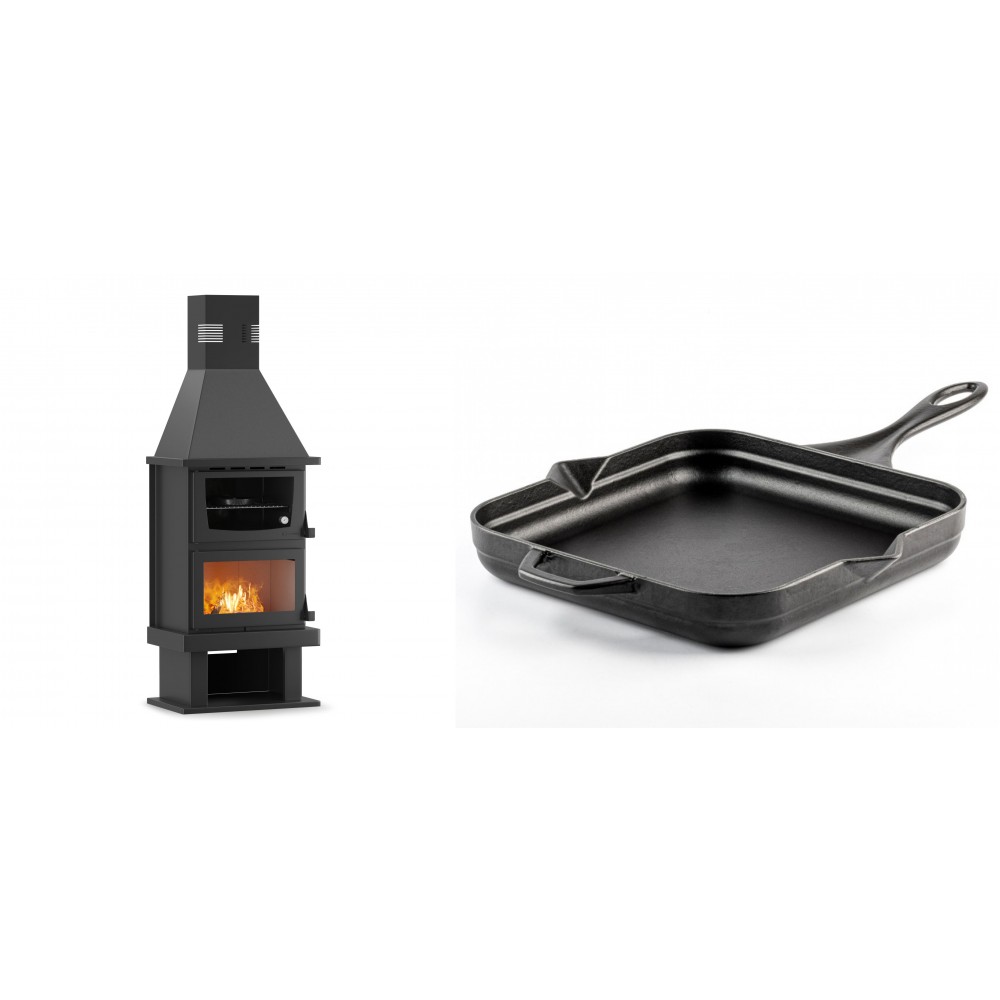 Set Kaminofen, Holzofen mit Backfach Velmora Fire FS AERO 90-50, 20.12kW + Emaillierte Gusseisenpfanne Solagio, Black Onyx, 28x28cm