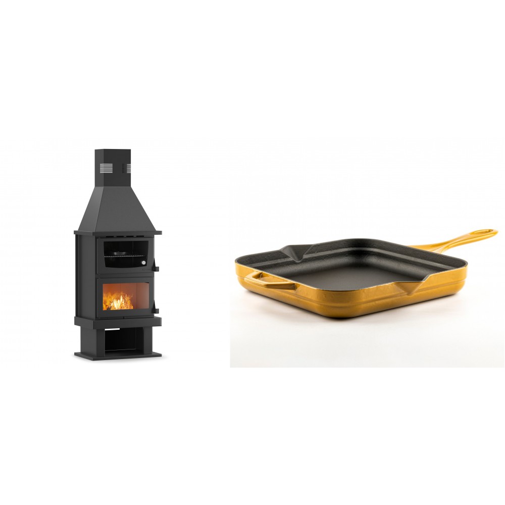 Set Kaminofen, Holzofen mit Backfach Velmora Fire FS AERO 90-50, 20.12kW + Emaillierte Gusseisenpfanne Solagio, Dijon, 28x28cm | Holzofen | Kaminofen |