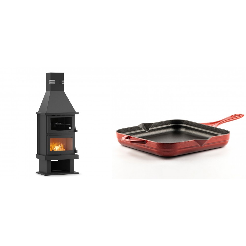 Set Kaminofen, Holzofen mit Backfach Velmora Fire FS AERO 90-50, 20.12kW + Emaillierte Gusseisenpfanne Solagio, Rubin, 28x28cm | Holzofen | Kaminofen |