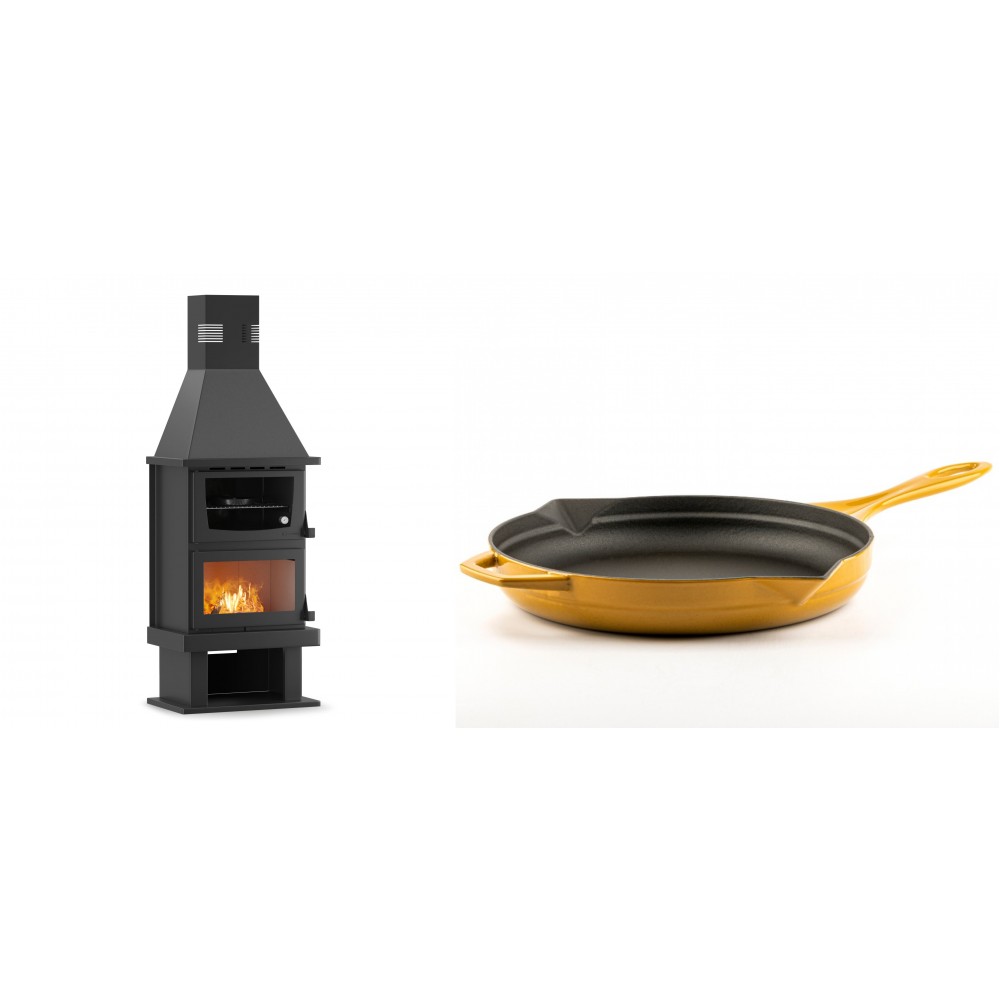 Set Kaminofen, Holzofen mit Backfach Velmora Fire FS AERO 90-50, 20.12kW + Emaillierte Gusseisenpfanne Solagio, Dijon, Ф28cm