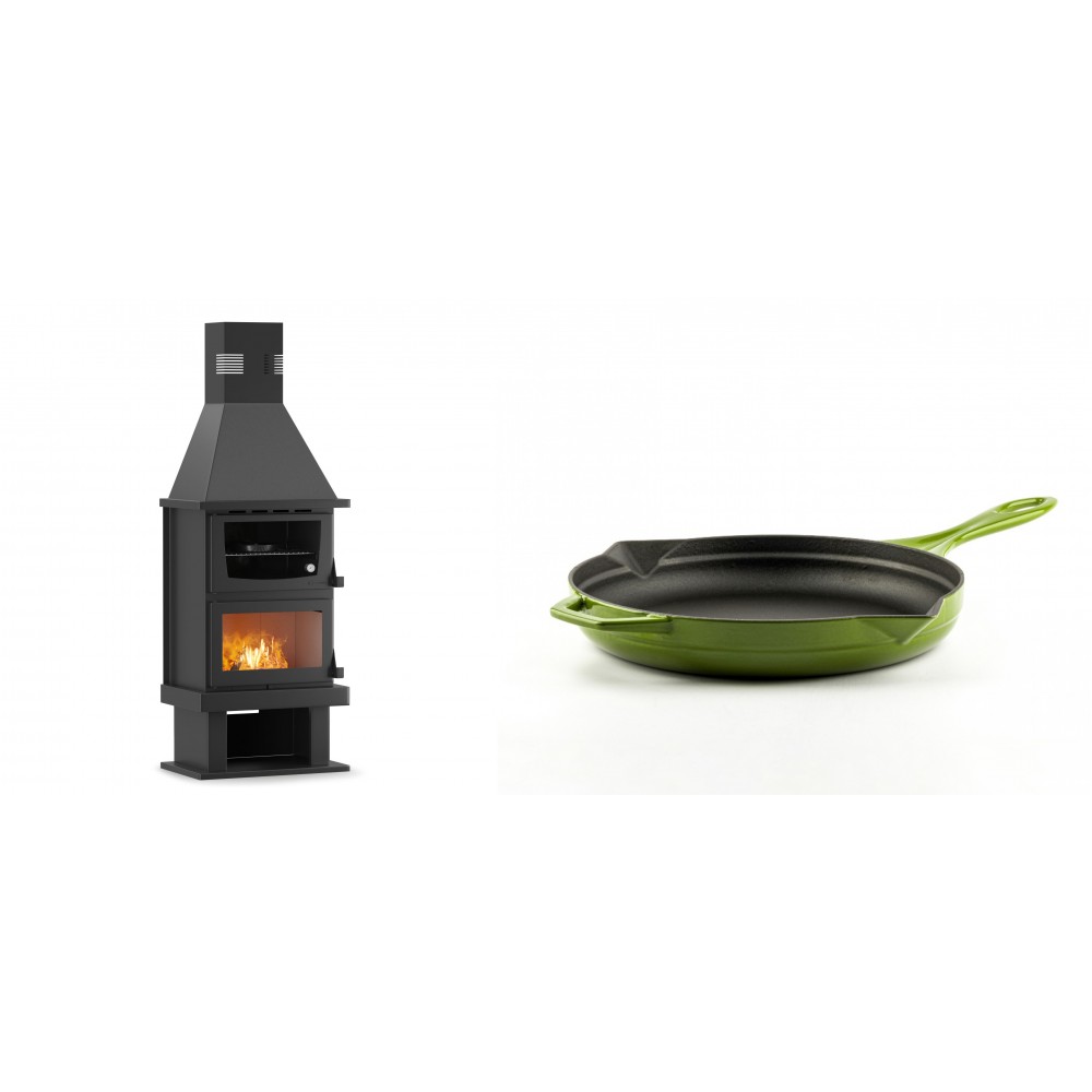 Set Kaminofen, Holzofen mit Backfach Velmora Fire FS AERO 90-50, 20.12kW + Emaillierte Gusseisenpfanne Solagio, Bamboo, Ф24cm | Holzofen | Kaminofen |