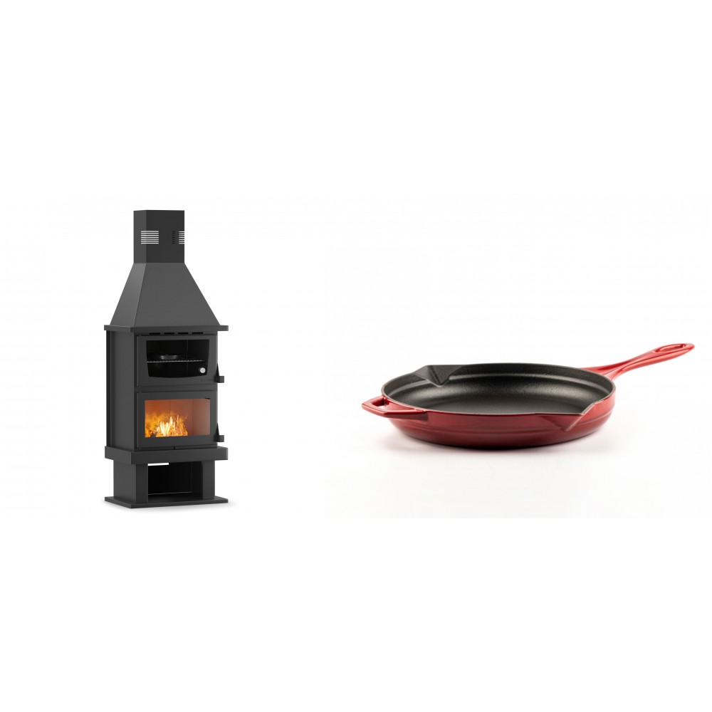 Set Kaminofen, Holzofen mit Backfach Velmora Fire FS AERO 90-50, 20.12kW + Emaillierte Gusseisenpfanne Solagio, Rubin, Ф24cm