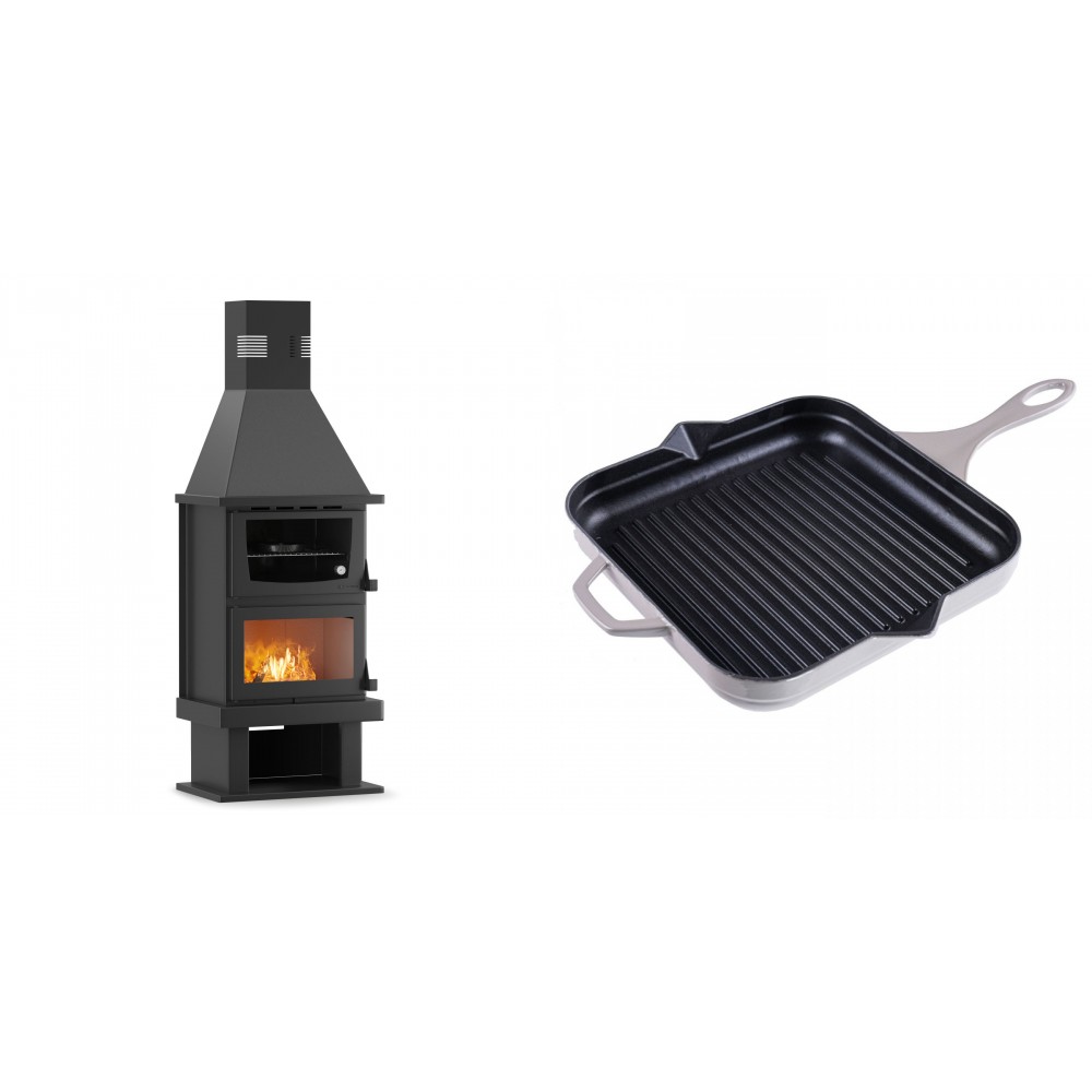 Set Kaminofen, Holzofen mit Backfach Velmora Fire FS AERO 90-50, 20.12kW + Emaillierte grillpfanne Gusseisen Solagio, Ivory, 28x28cm