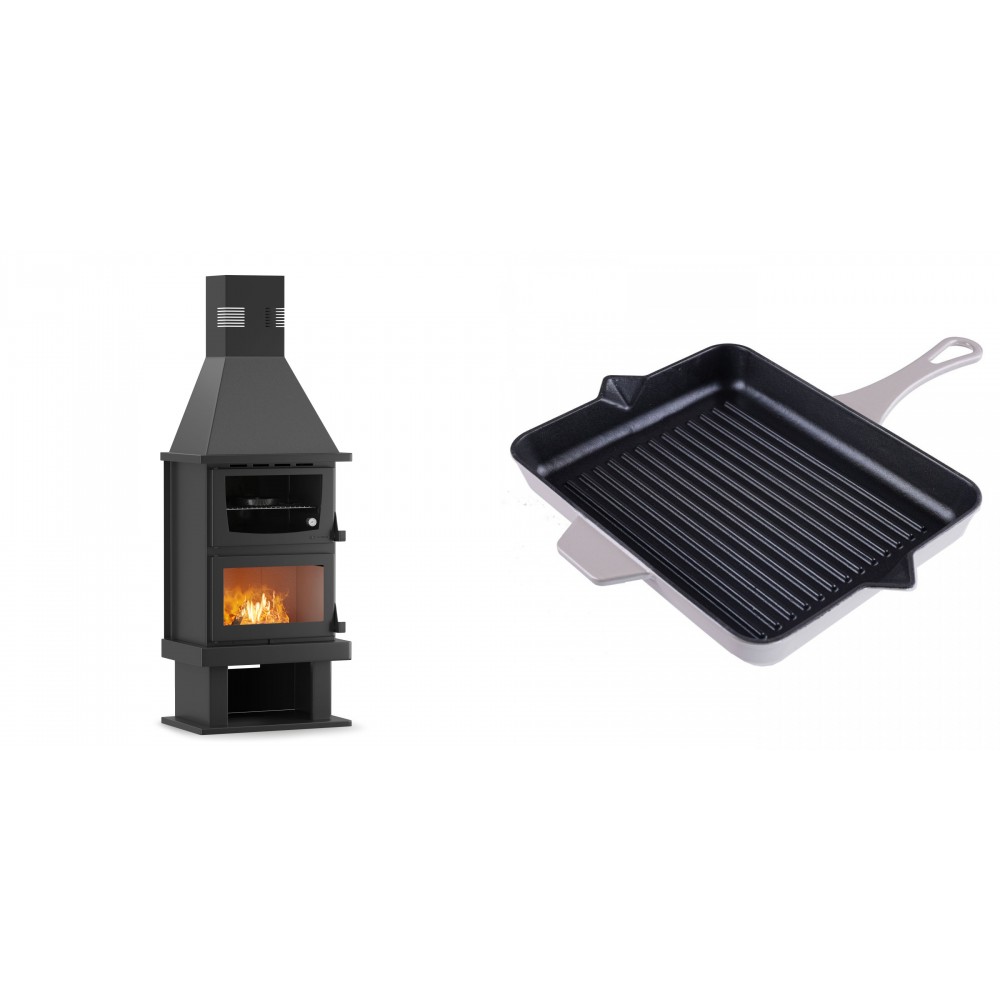 Set Kaminofen, Holzofen mit Backfach Velmora Fire FS AERO 90-50, 20.12kW + Emaillierte grillpfanne Gusseisen Solagio, Ivory, 26x32cm | Holzofen | Kaminofen |