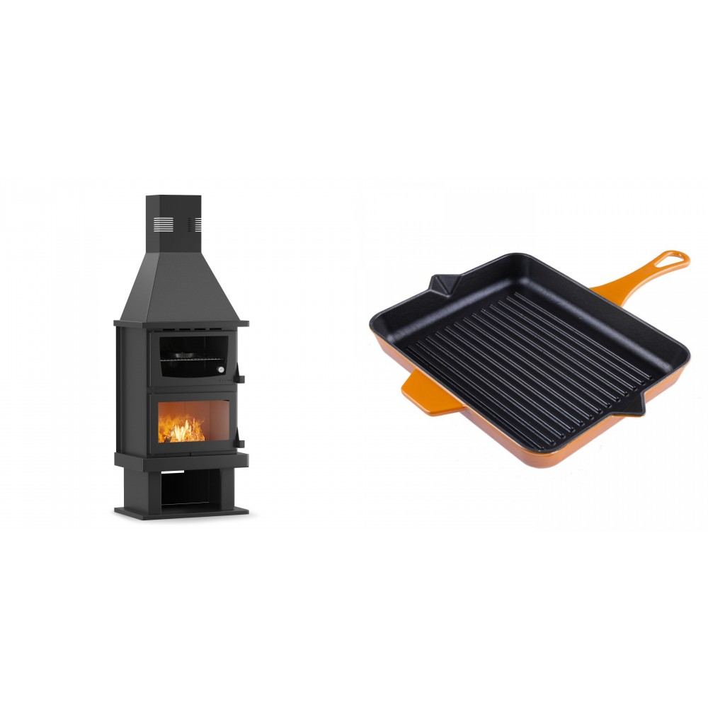 Set Kaminofen, Holzofen mit Backfach Velmora Fire FS AERO 90-50, 20.12kW + Emaillierte grillpfanne Gusseisen Solagio, Dijon, 26x32cm | Holzofen | Kaminofen |
