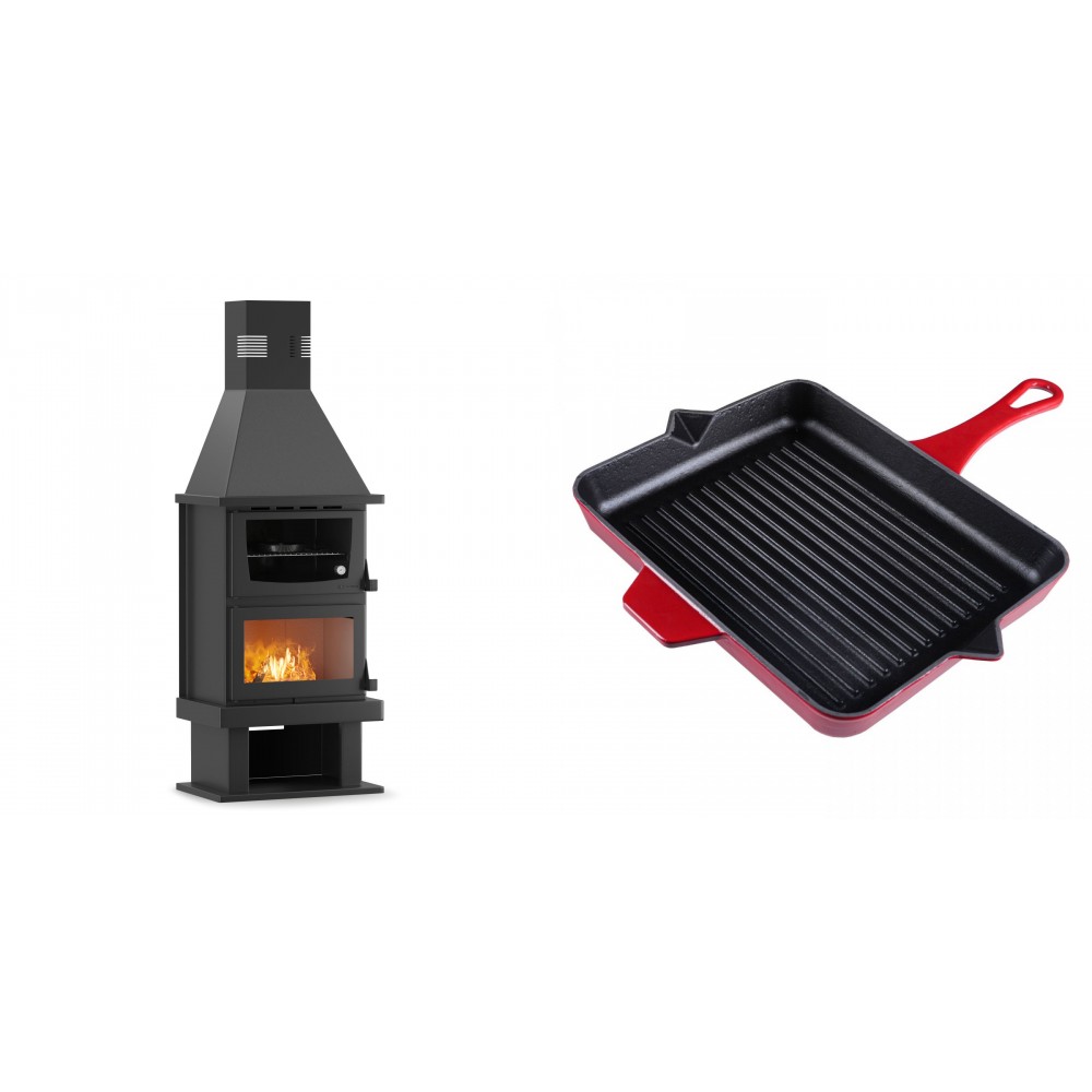 Set Kaminofen, Holzofen mit Backfach Velmora Fire FS AERO 90-50, 20.12kW + Emaillierte grillpfanne Gusseisen Solagio, Rubin, 26x32cm | Holzofen | Kaminofen |