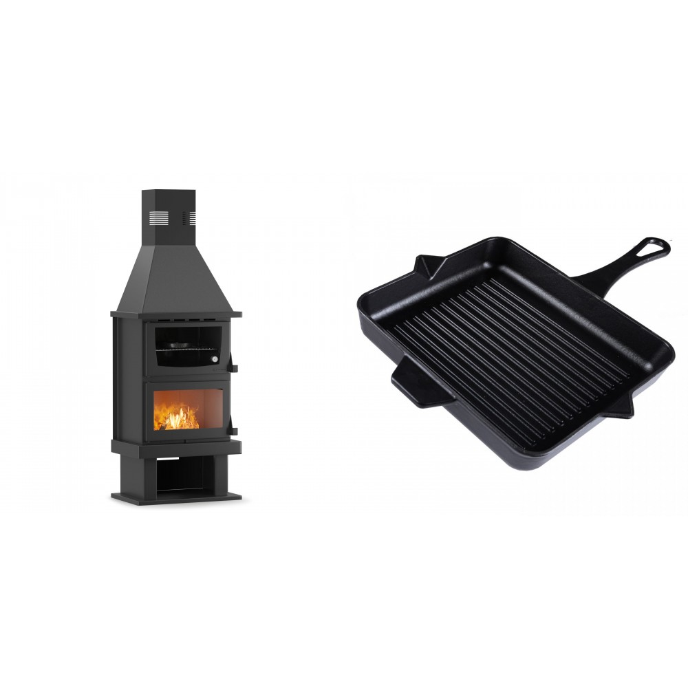 Set Kaminofen, Holzofen mit Backfach Velmora Fire FS AERO 90-50, 20.12kW + Emaillierte grillpfanne Gusseisen Solagio, Black Onyx, 26x32cm