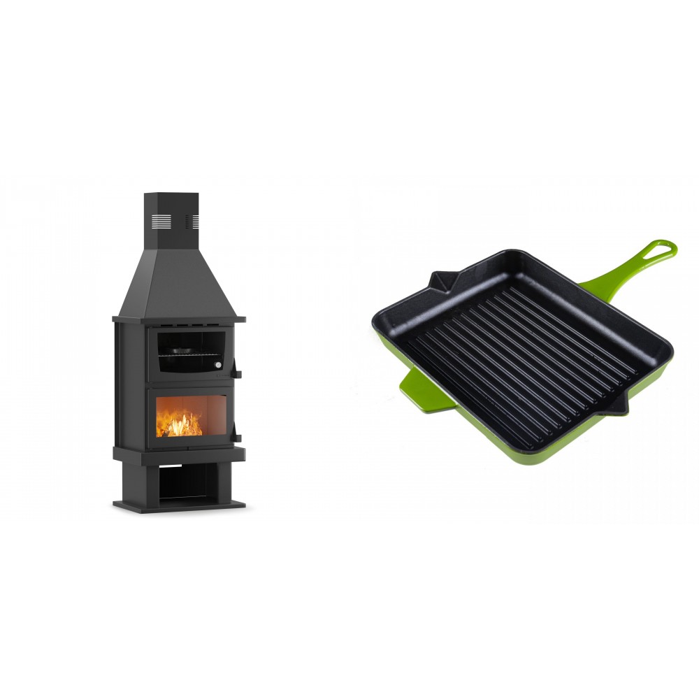 Set Kaminofen, Holzofen mit Backfach Velmora Fire FS AERO 90-50, 20.12kW + Emaillierte grillpfanne Gusseisen Solagio, Bamboo, 26x32cm