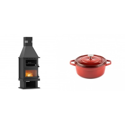 Set Kaminofen, Holzofen mit Backfach Velmora Fire FS AERO 90-50, 20.12kW + Gusseisen Topf Tiefer Solagio, Rubin, Ф12 - Kaminofen - Holzofen mit Backfach