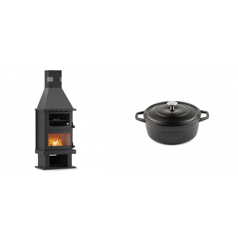 Set Kaminofen, Holzofen mit Backfach Velmora Fire FS AERO 90-50, 20.12kW + Gusseisen Topf Tiefer Solagio, Black Onyx, Ф12 | Holzofen | Kaminofen |