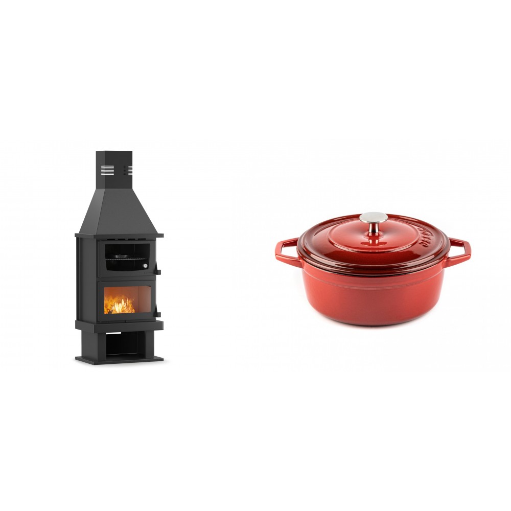 Set Kaminofen, Holzofen mit Backfach Velmora Fire FS AERO 90-50, 20.12kW + Gusseisen Topf Tiefer Solagio, Rubin, Ф20