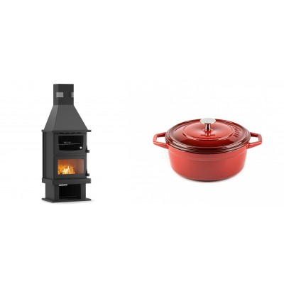 Set Kaminofen, Holzofen mit Backfach Velmora Fire FS AERO 90-50, 20.12kW + Gusseisen Topf Tiefer Solagio, Rubin, Ф20 - Kaminofen - Holzofen mit Backfach