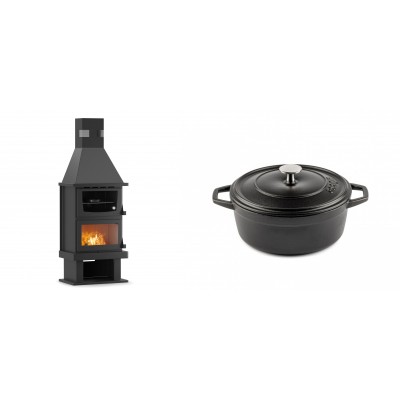 Set Kaminofen, Holzofen mit Backfach Velmora Fire FS AERO 90-50, 20.12kW + Gusseisen Topf Tiefer Solagio, Black Onyx, Ф20 - Kaminofen - Holzofen mit Backfach