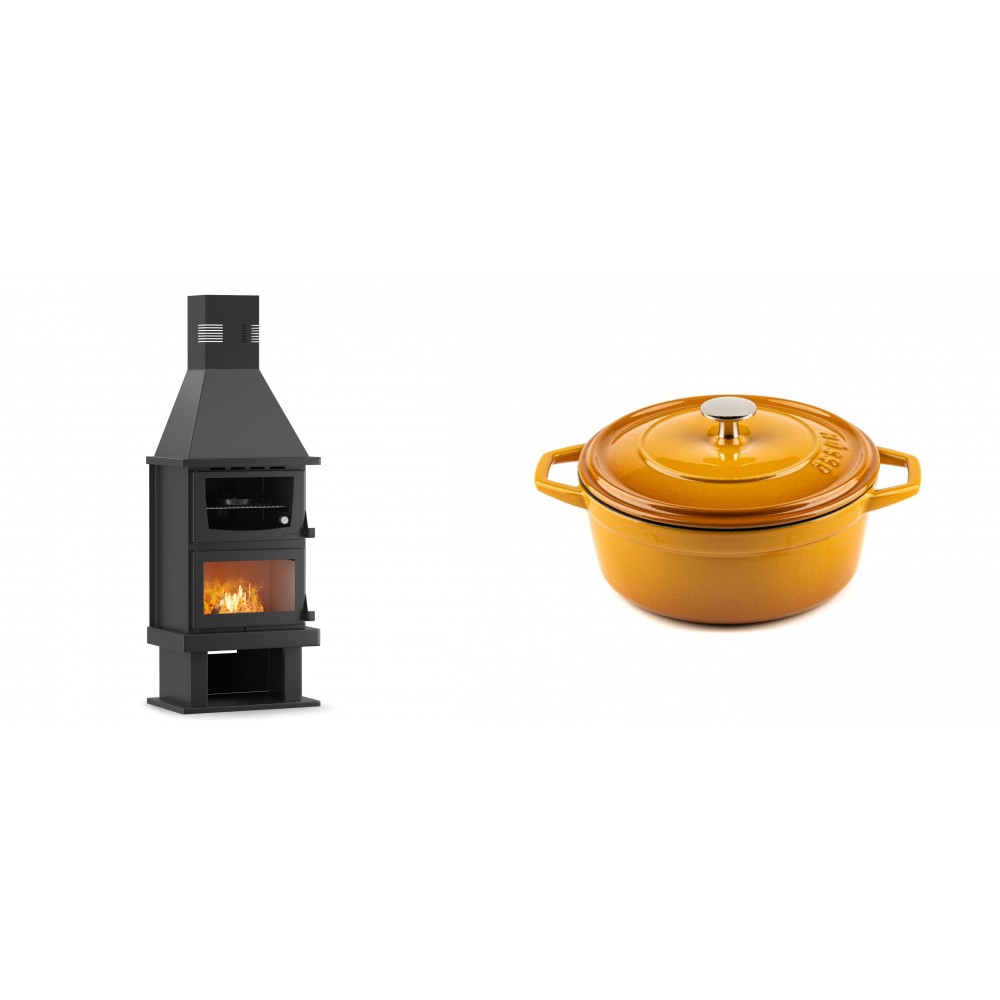 Set Kaminofen, Holzofen mit Backfach Velmora Fire FS AERO 90-50, 20.12kW + Gusseisen Topf Tiefer Solagio, Dijon, Ф20