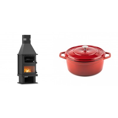 Set Kaminofen, Holzofen mit Backfach Velmora Fire FS AERO 90-50, 20.12kW + Gusseisen Topf Tiefer Solagio, Rubin, Ф24 - Kaminofen - Holzofen mit Backfach