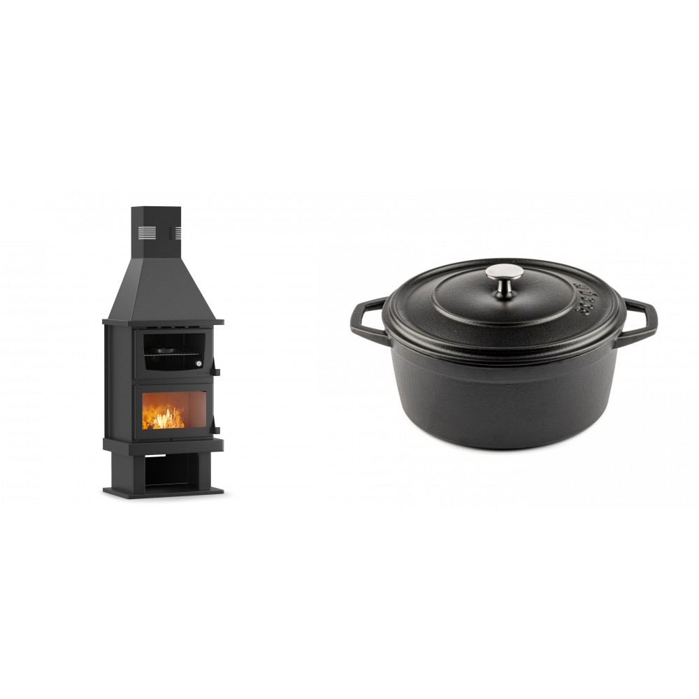 Set Kaminofen, Holzofen mit Backfach Velmora Fire FS AERO 90-50, 20.12kW + Gusseisen Topf Tiefer Solagio, Black Onyx, Ф24 | Holzofen | Kaminofen |