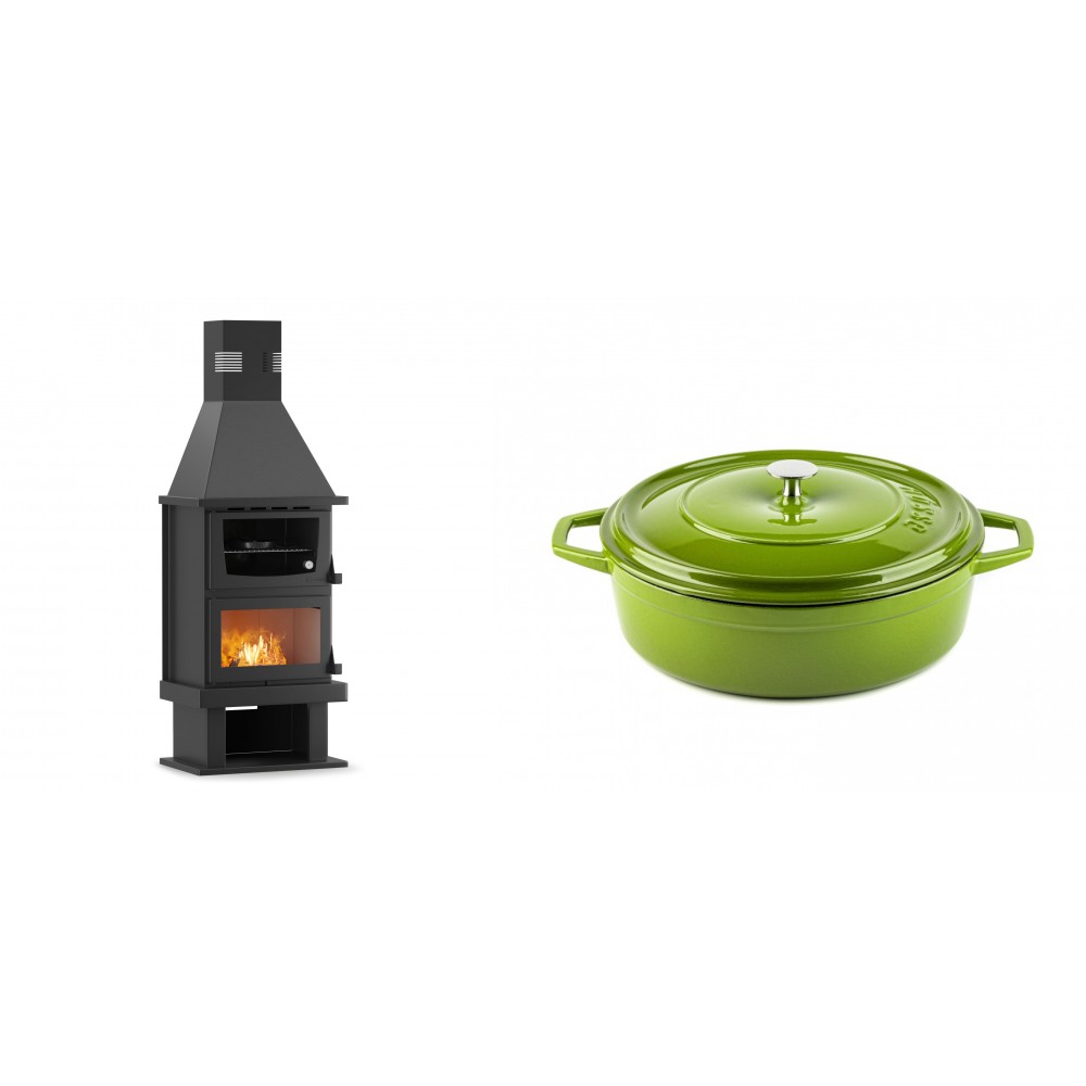 Set Kaminofen, Holzofen mit Backfach Velmora Fire FS AERO 90-50, 20.12kW + Gusseisen Topf Flach Solagio, Bamboo, Ф26