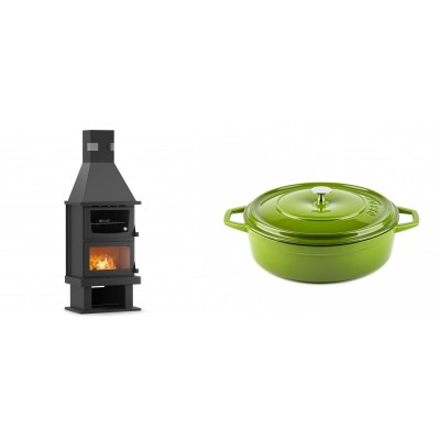 Set Kaminofen, Holzofen mit Backfach Velmora Fire FS AERO 90-50, 20.12kW + Gusseisen Topf Flach Solagio, Bamboo, Ф26 - Kaminofen - Holzofen mit Backfach