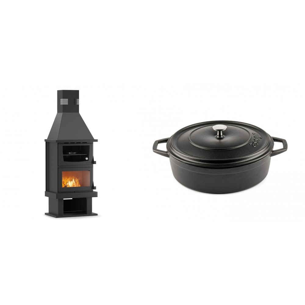 Set Kaminofen, Holzofen mit Backfach Velmora Fire FS AERO 90-50, 20.12kW + Gusseisen Topf Flach Solagio, Black Onyx, Ф26