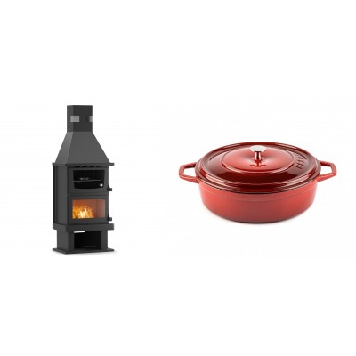 Set Kaminofen, Holzofen mit Backfach Velmora Fire FS AERO 90-50, 20.12kW + Gusseisen Topf Flach Solagio, Rubin, Ф26 - Kaminofen - Holzofen mit Backfach