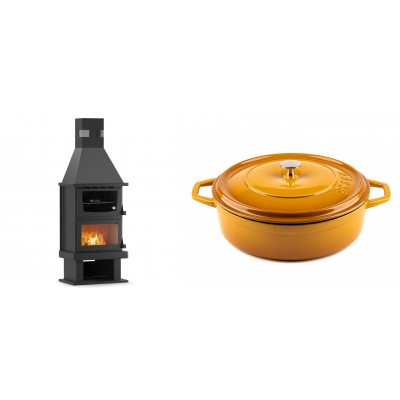 Set Kaminofen, Holzofen mit Backfach Velmora Fire FS AERO 90-50, 20.12kW + Gusseisen Topf Flach Solagio, Dijon, Ф28 - Kaminofen - Holzofen mit Backfach