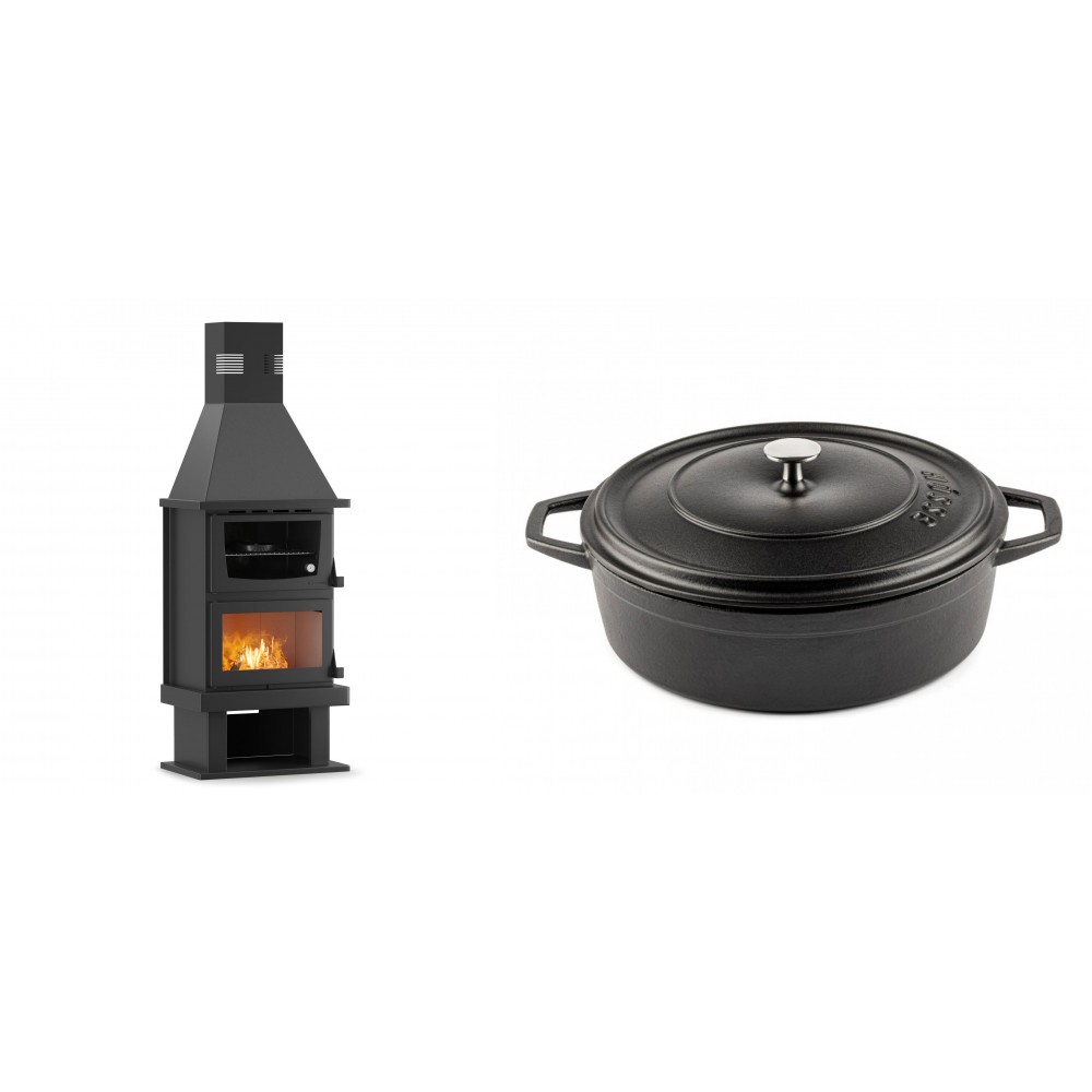 Set Kaminofen, Holzofen mit Backfach Velmora Fire FS AERO 90-50, 20.12kW + Gusseisen Topf Flach Solagio, Black Onyx, Ф28 | Holzofen | Kaminofen |