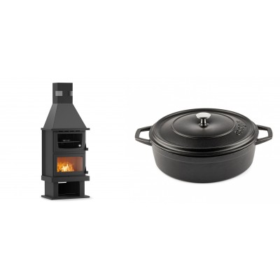 Set Kaminofen, Holzofen mit Backfach Velmora Fire FS AERO 90-50, 20.12kW + Gusseisen Topf Flach Solagio, Black Onyx, Ф28 - Kaminofen - Holzofen mit Backfach