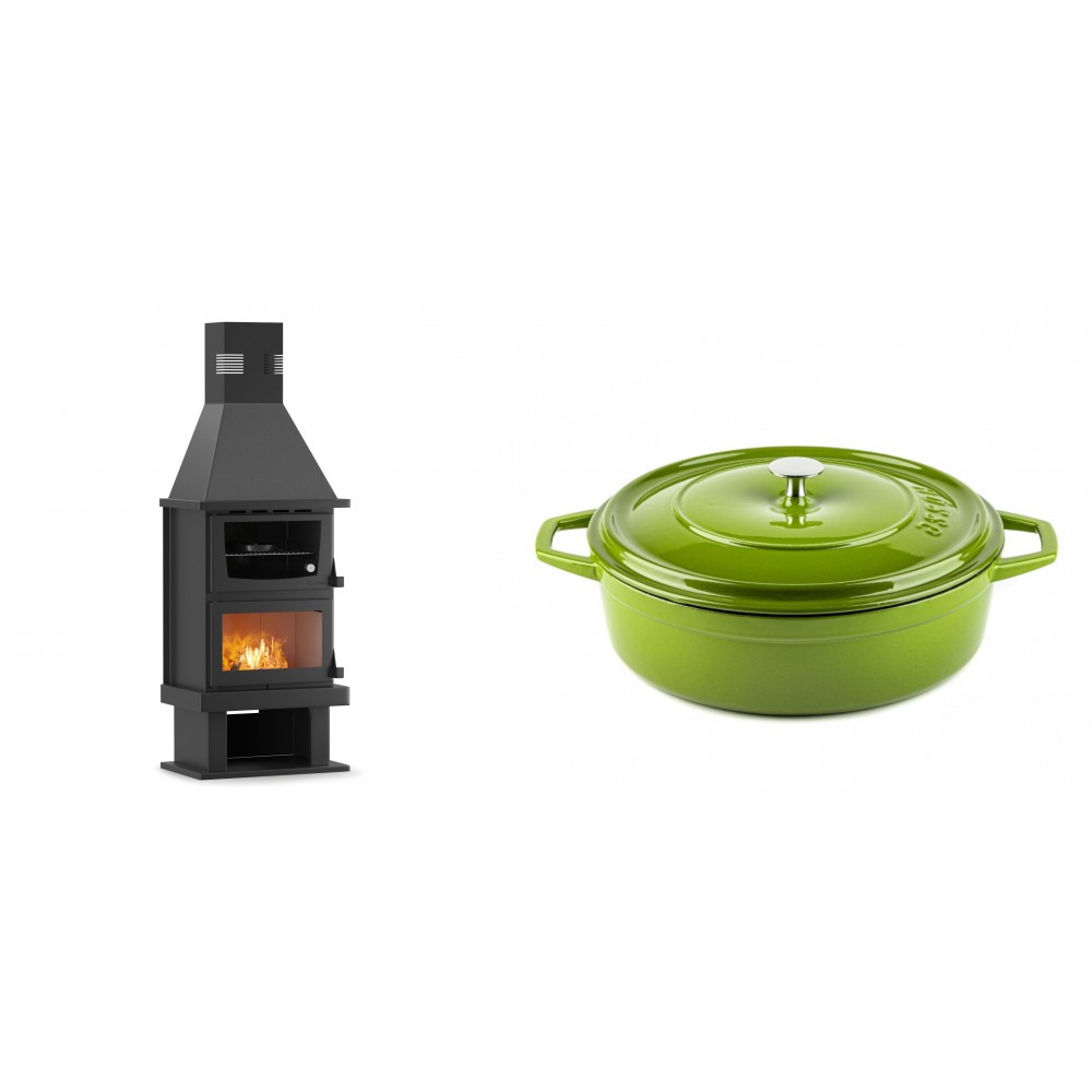 Set Kaminofen, Holzofen mit Backfach Velmora Fire FS AERO 90-50, 20.12kW + Gusseisen Topf Flach Solagio, Bamboo, Ф28