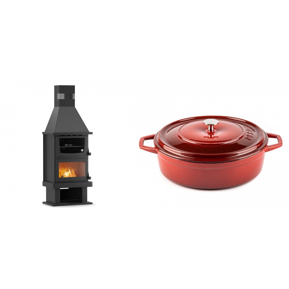 Set Kaminofen, Holzofen mit Backfach Velmora Fire FS AERO 90-50, 20.12kW + Gusseisen Topf Flach Solagio, Rubin, Ф28