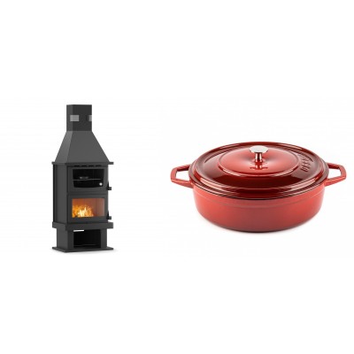 Set Kaminofen, Holzofen mit Backfach Velmora Fire FS AERO 90-50, 20.12kW + Gusseisen Topf Flach Solagio, Rubin, Ф28 - Kaminofen - Holzofen mit Backfach