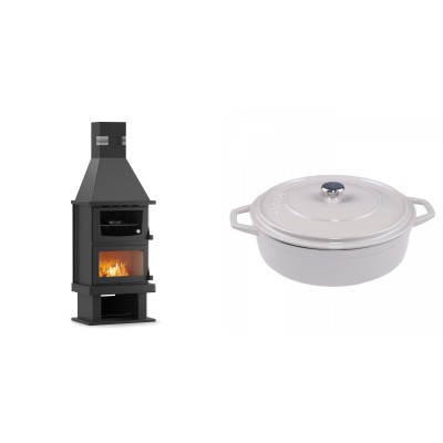 Set Kaminofen, Holzofen mit Backfach Velmora Fire FS AERO 90-50, 20.12kW + Gusseisen Topf Flach Solagio, Ivory, Ф28 - Kaminofen - Holzofen mit Backfach