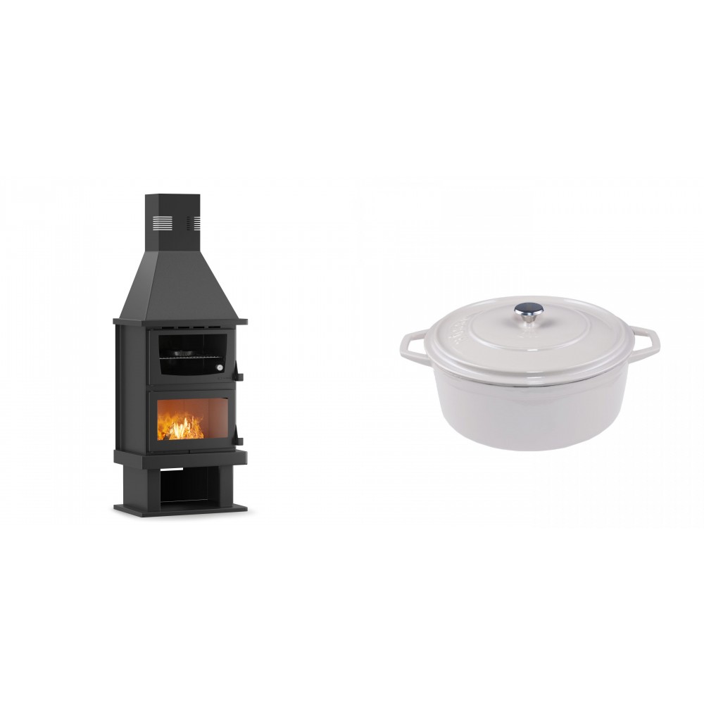 Set Kaminofen, Holzofen mit Backfach Velmora Fire FS AERO 90-50, 20.12kW + Gusseisen Topf Tiefer Solagio, Ivory, Ф20 | Holzofen | Kaminofen |