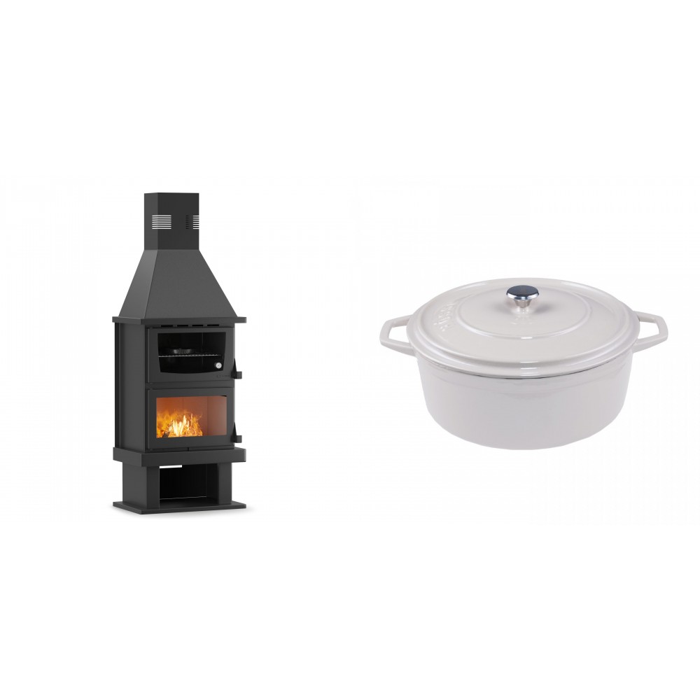 Set Kaminofen, Holzofen mit Backfach Velmora Fire FS AERO 90-50, 20.12kW + Gusseisen Topf Tiefer Solagio, Ivory, Ф24 | Holzofen | Kaminofen |