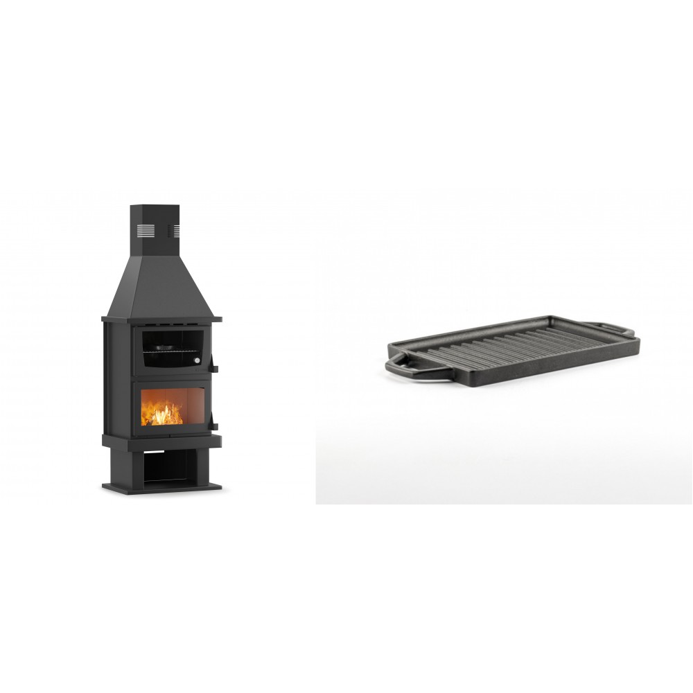 Set Kaminofen, Holzofen mit Backfach Velmora Fire FS AERO 90-50, 20.12kW + Mini-Grillplatte aus Gusseisen Solagio, 15.5x22.5cm