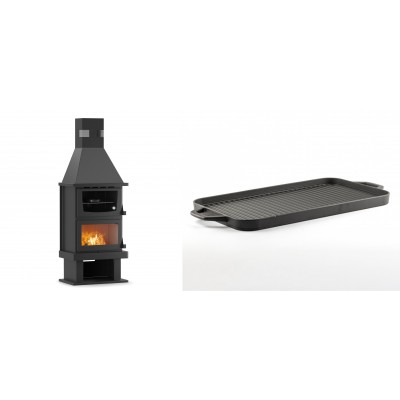 Set Kaminofen, Holzofen mit Backfach Velmora Fire FS AERO 90-50, 20.12kW + Große Grillplatte aus Gusseisen Solagio, 25x44cm - Kaminofen - Holzofen mit Backfach