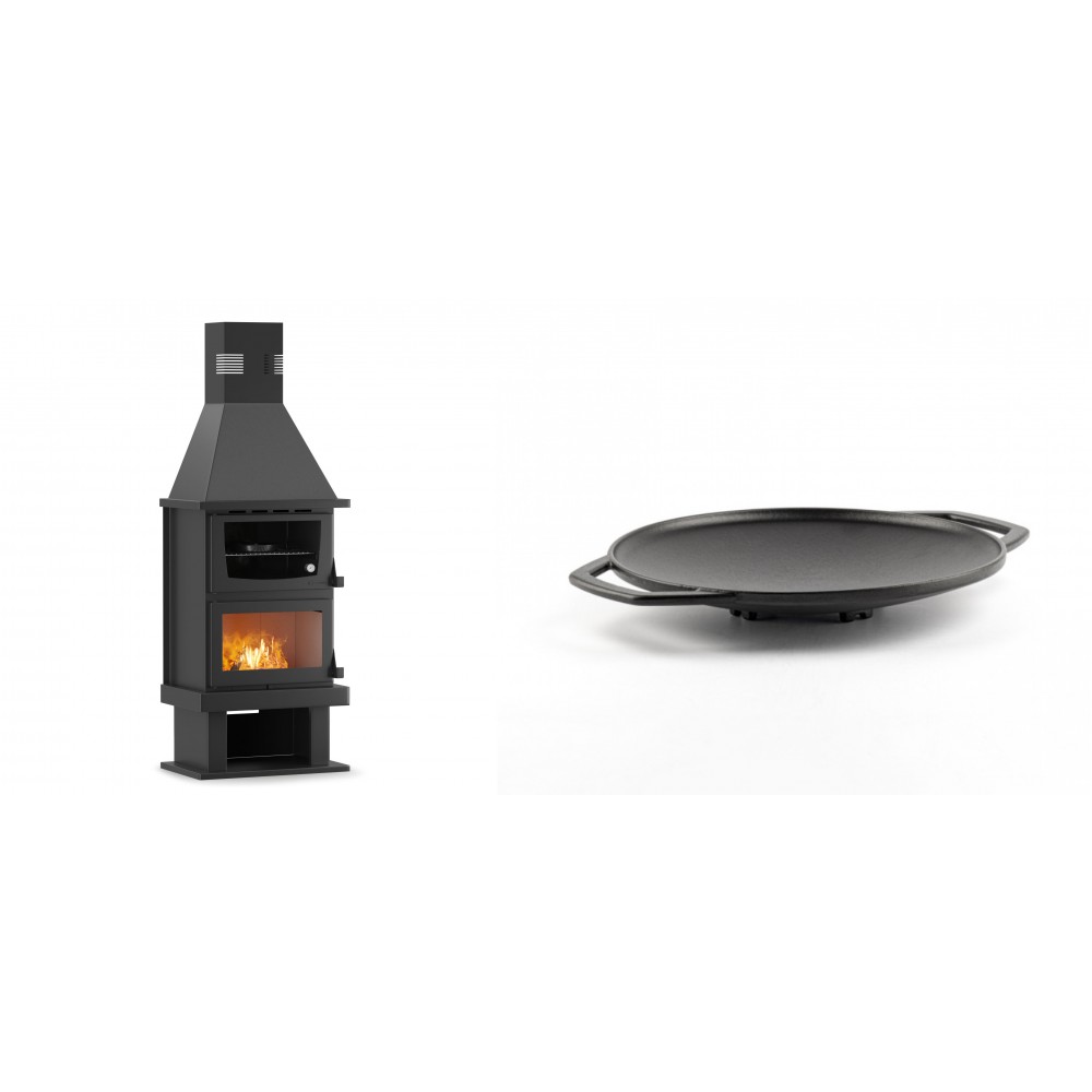 Set Kaminofen, Holzofen mit Backfach Velmora Fire FS AERO 90-50, 20.12kW + Backplatte aus Gusseisen Solagio, Ф28cm | Holzofen | Kaminofen |