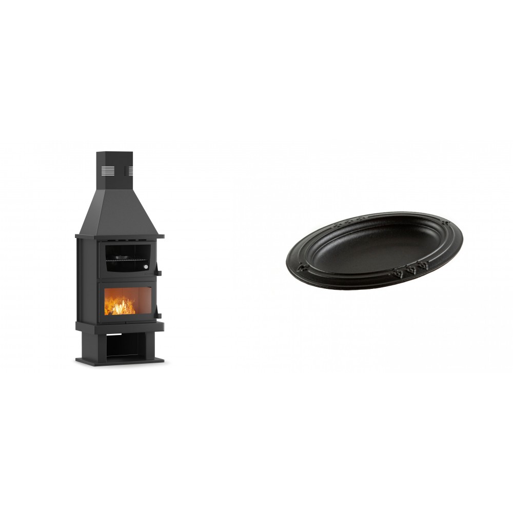Set Kaminofen, Holzofen mit Backfach Velmora Fire FS AERO 90-50, 20.12kW + Gusseiserne auflaufform Solagio oval, 25x33cm | Holzofen | Kaminofen |