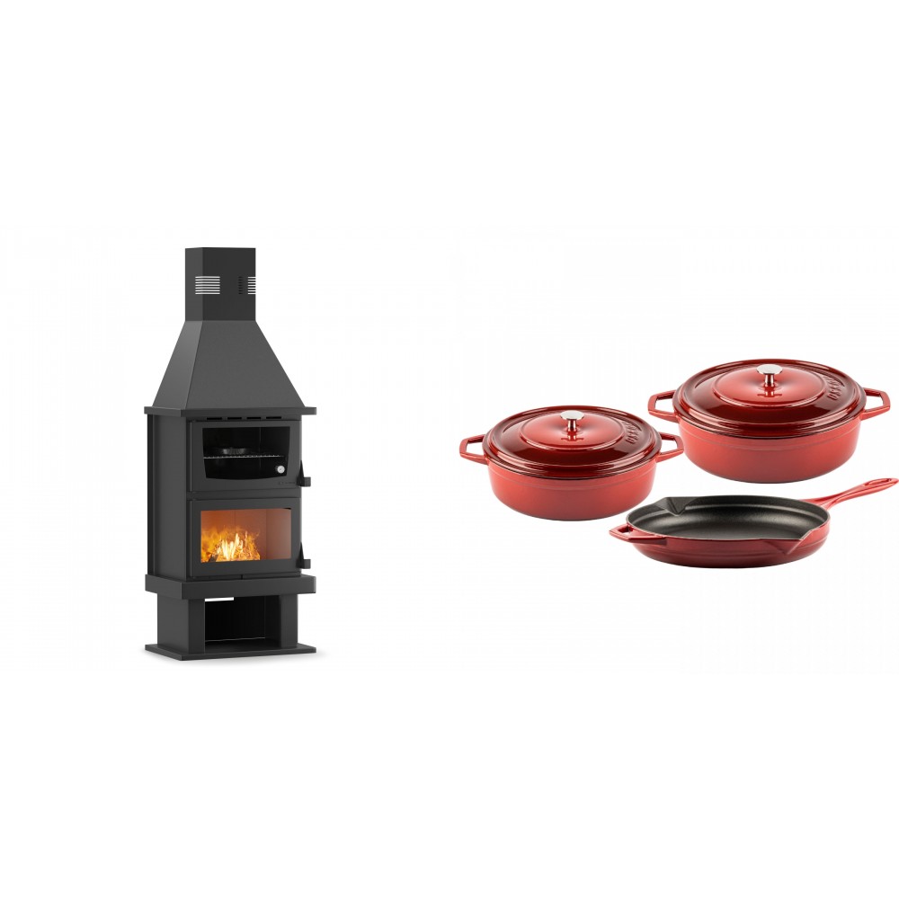 Set Kaminofen, Holzofen mit Backfach Velmora Fire FS AERO 90-50, 20.12kW + Gusseisen Topf Set aus 3 teilen Solagio, Rubin