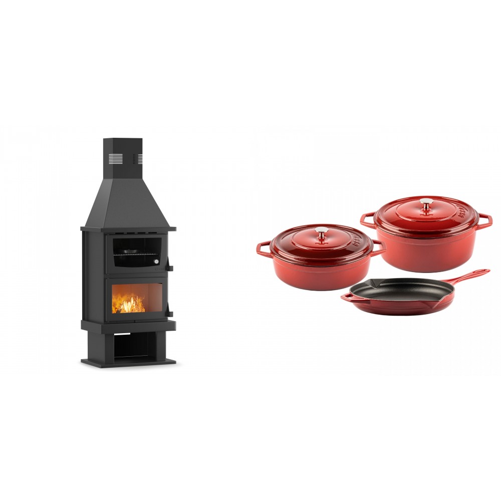 Set Kaminofen, Holzofen mit Backfach Velmora Fire FS AERO 90-50, 20.12kW + Gusseisen Topf Set aus 3 teilen Solagio, Rubin