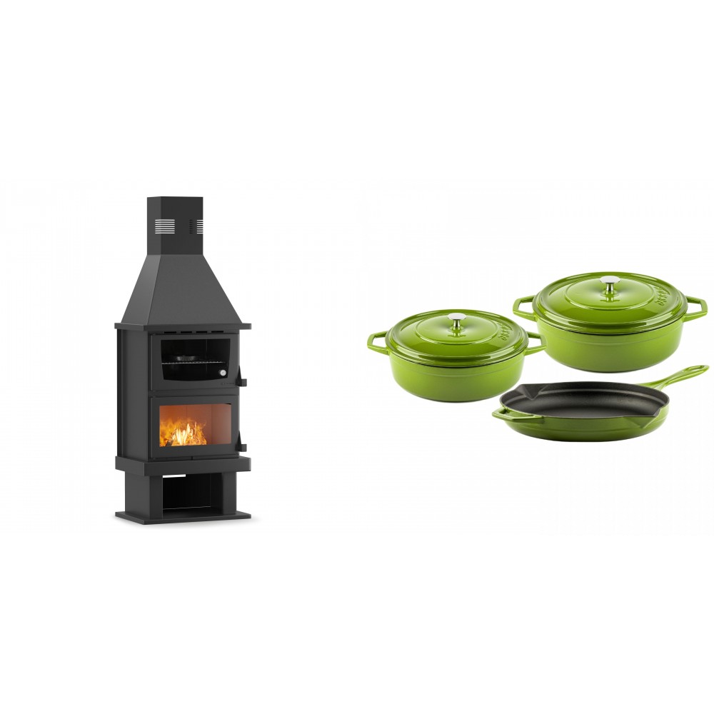 Set Kaminofen, Holzofen mit Backfach Velmora Fire FS AERO 90-50, 20.12kW + Gusseisen Topf Set aus 3 teilen Solagio, Bamboo | Holzofen | Kaminofen |