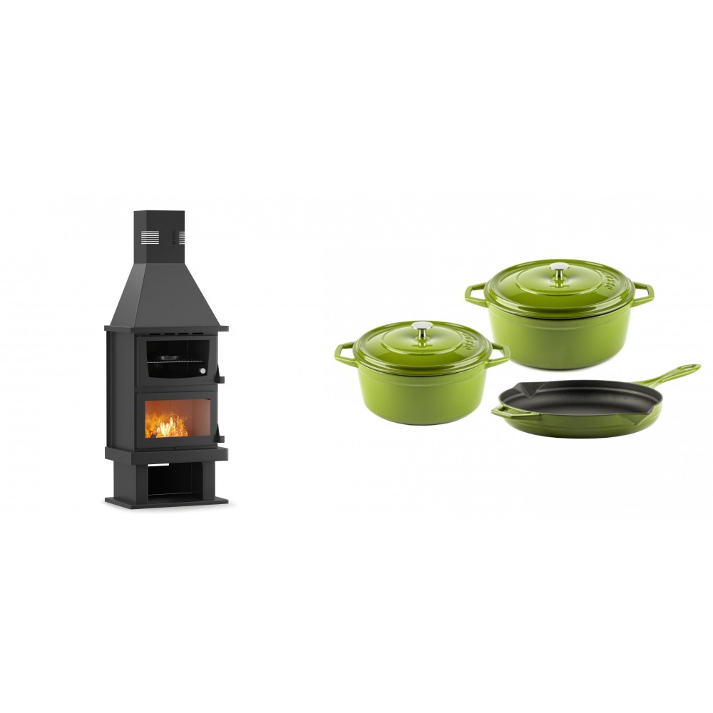 Set Kaminofen, Holzofen mit Backfach Velmora Fire FS AERO 90-50, 20.12kW + Gusseisen Topf Set aus 3 teilen Solagio, Bamboo