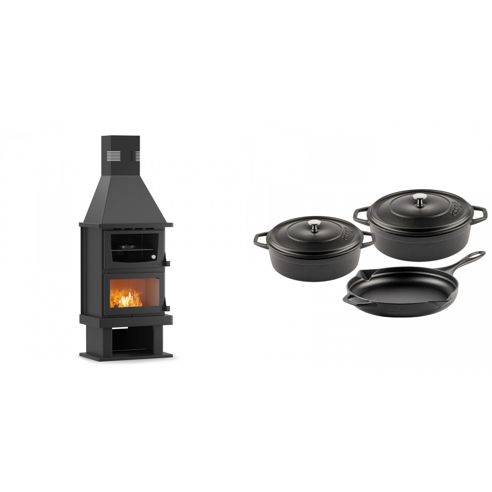 Set Kaminofen, Holzofen mit Backfach Velmora Fire FS AERO 90-50, 20.12kW + Gusseisen Topf Set aus 3 teilen Solagio, Black Onyx | Holzofen | Kaminofen |