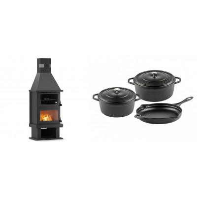 Set Kaminofen, Holzofen mit Backfach Velmora Fire FS AERO 90-50, 20.12kW + Gusseisen Topf Set aus 3 teilen Solagio, Black Onyx - Kaminofen - Holzofen mit Backfach