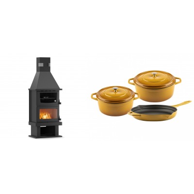 Set Kaminofen, Holzofen mit Backfach Velmora Fire FS AERO 90-50, 20.12kW + Gusseisen Topf Set aus 3 teilen Solagio, Dijon - Kaminofen - Holzofen mit Backfach