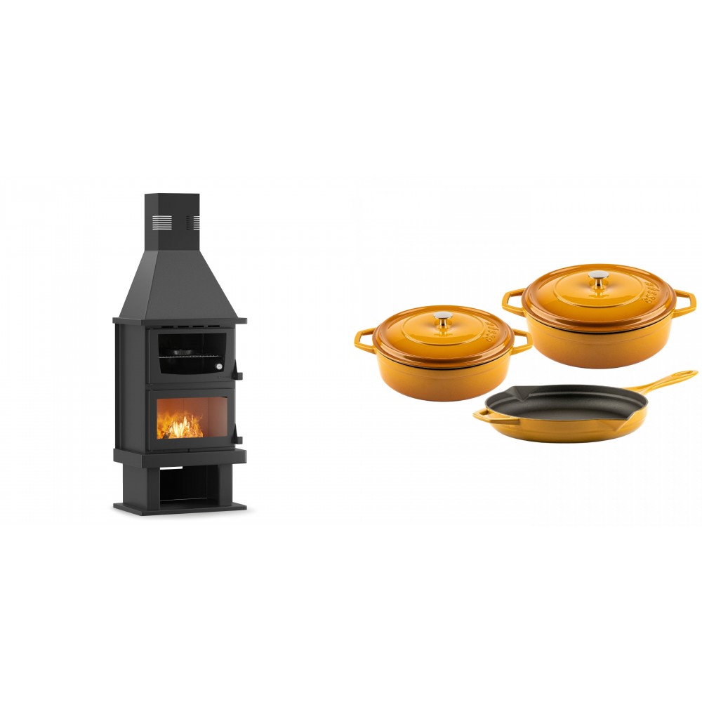 Set Kaminofen, Holzofen mit Backfach Velmora Fire FS AERO 90-50, 20.12kW + Gusseisen Topf Set aus 3 teilen Solagio, Dijon