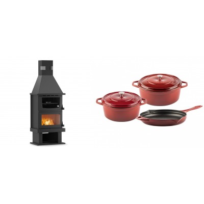 Set Kaminofen, Holzofen mit Backfach Velmora Fire FS AERO 90-50, 20.12kW + Gusseisen Topf Set aus 3 teilen Solagio, Rubin - Kaminofen - Holzofen mit Backfach