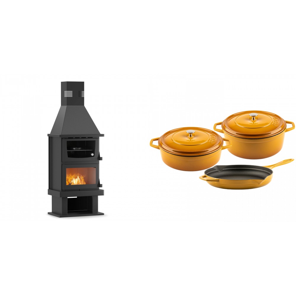 Set Kaminofen, Holzofen mit Backfach Velmora Fire FS AERO 90-50, 20.12kW + Gusseisen Topf Set aus 3 teilen Solagio, Dijon