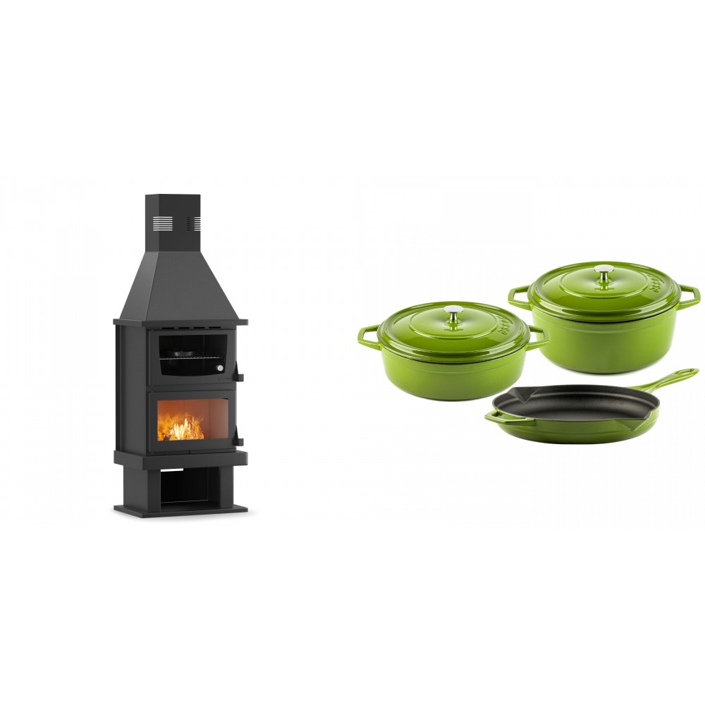 Set Kaminofen, Holzofen mit Backfach Velmora Fire FS AERO 90-50, 20.12kW + Gusseisen Topf Set aus 3 teilen Solagio, Bamboo | Holzofen | Kaminofen |