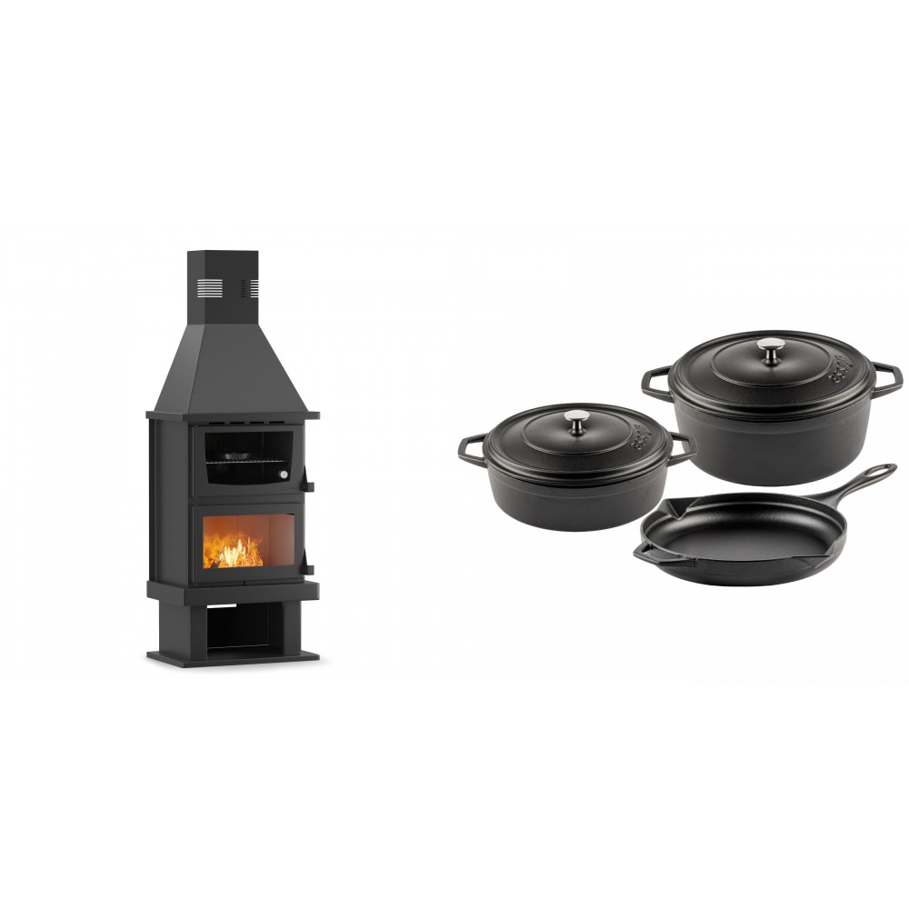 Set Kaminofen, Holzofen mit Backfach Velmora Fire FS AERO 90-50, 20.12kW + Gusseisen Topf Set aus 3 teilen Solagio, Black Onyx | Holzofen | Kaminofen |